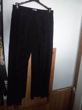 Black Wide Leg Crochet-Panel Pants - Women
